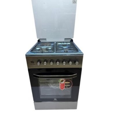 Bjs Everest 60x60 Cooker 3 Gas Burners + 1 Electric Plate, rapid plate, WOK triple ring burner, sensor, blue enamel oven, turbo fan, food warmer, Stainless Steel. Silver