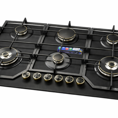 Bolesi 6 Burner Built-In Gas Hob with 2 WOK Burners, Golden Diamond Series Tempered Glass Cooker