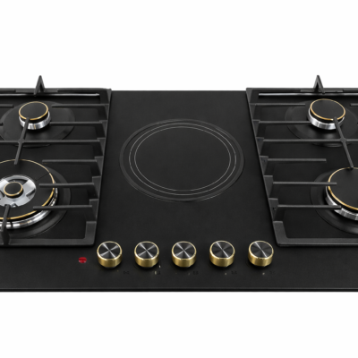 Bolesi 5 Burner Built-In Gas and Electric Hob 4 Gas Burners With Wok + 1 Electric Plate, Tempered Glass Top, Cast Iron Pan Support, Auto Ignition. Black