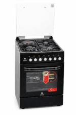 Bjs Eminence 60x60 Cooker 3 Gas Burners + 1 Electric Plate, rapid plate, WOK triple ring burner, sensor, blue enamel oven, turbo fan, food warmer, Stainless Steel. Black