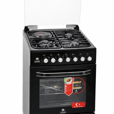 Bjs Eminence 60x60 Cooker 3 Gas Burners + 1 Electric Plate, rapid plate, WOK triple ring burner, sensor, blue enamel oven, turbo fan, food warmer, Stainless Steel. Black