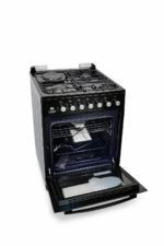 Bjs Eminence 60x60 Cooker 3 Gas Burners + 1 Electric Plate, rapid plate, WOK triple ring burner, sensor, blue enamel oven, turbo fan, food warmer, Stainless Steel. Black - Image 2