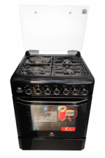 Bjs Everest 60x60 Cooker 3 Gas Burners + 1 Electric Plate, rapid plate, WOK triple ring burner, sensor, blue enamel oven, turbo fan, food warmer, Stainless Steel. Black