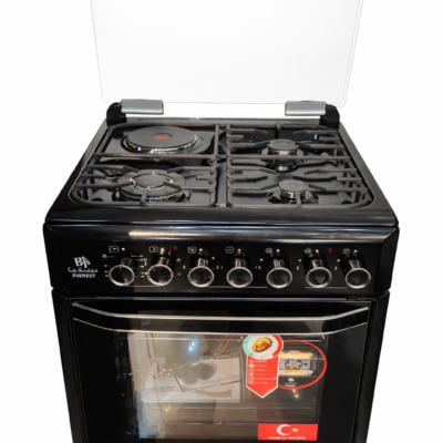 Bjs Everest 60x60 Cooker 3 Gas Burners + 1 Electric Plate, rapid plate, WOK triple ring burner, sensor, blue enamel oven, turbo fan, food warmer, Stainless Steel. Black