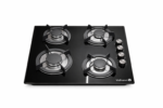 Volsmart 4 Burner Tempered Black Glass Hob, Heavy Cast Iron Pan Support, Auto Ignition, High Efficiency Burners