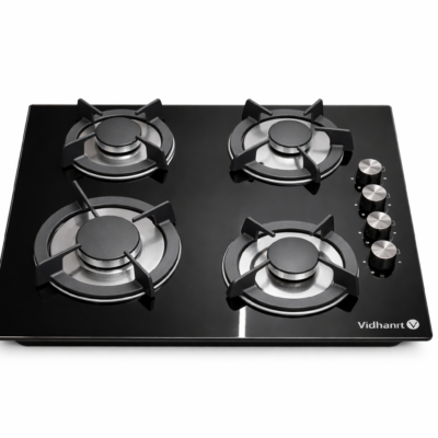 Volsmart 4 Burner Tempered Black Glass Hob, Heavy Cast Iron Pan Support, Auto Ignition, High Efficiency Burners