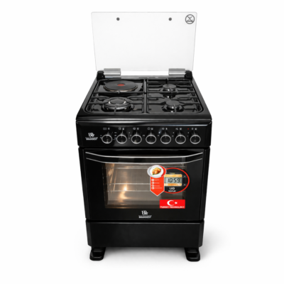 Bjs Everest 60x60 Cooker 3 Gas Burners + 1 Electric Plate, rapid plate, WOK triple ring burner, sensor, blue enamel oven, turbo fan, food warmer, Stainless Steel. Black