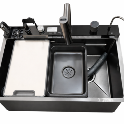 Khal Multifunction Smart Sink Set Handmade Stainless Steel  73x46cm with Waterfall Faucet, Pull-Out Spray and  Phone Holder