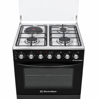 ElectroMate Cooker 60x60 3 Gas + 1 Electric Plate Electric Oven Rotisserie Timer Black