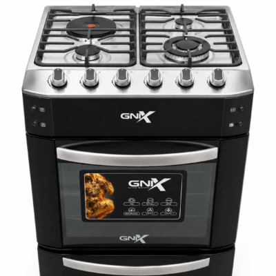 GNIX 60x60 Cooker 3 Gas Burners + 1 Rapid Hotplate, Electric Oven With Turbo Fan, Rotisserie, Gas Leak Sensor ,Wok Burner, Auto Ignition