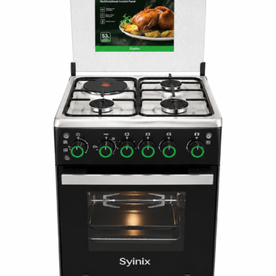 Syinix 50x55cm Gas Cooker Q50GC2, 3 Gas Burners + 1 Electric Hot Plate, Electric Oven, Auto Ignition, Rotisserie, Timer